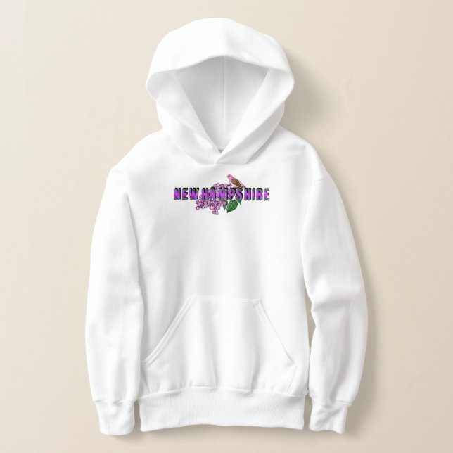 NH State Symbols Purple Finch & Lilacs Argyle Hoodie (Laydown)