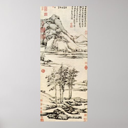 Ni Zan _ trees in a river valley in Yu_shan Poster