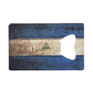 Nicaragua Flag on Old Wood Grain Credit Card Bottle Opener