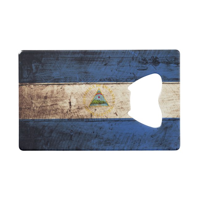 Nicaragua Flag on Old Wood Grain Credit Card Bottle Opener (Front (Horizontal))