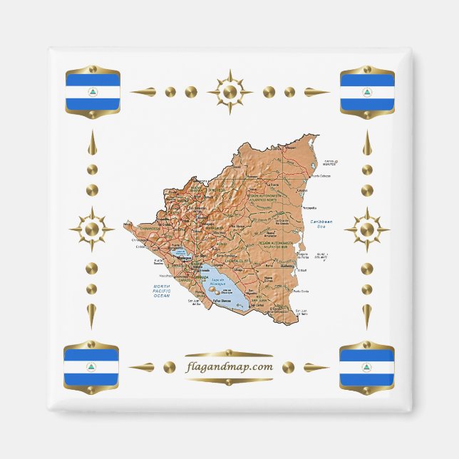 Nicaragua Map + Flags Magnet (Front)