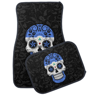 Nicaraguan Flag Sugar Skull with Roses Car Floor Mat
