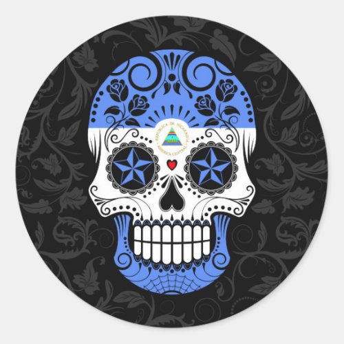 Nicaraguan Flag Sugar Skull with Roses Classic Round Sticker