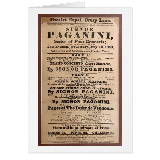 Niccolò Paganini concert poster Drury Lane London (Front)