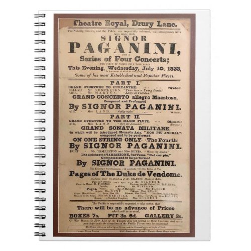 Niccol Paganini concert poster Drury Lane London Notebook
