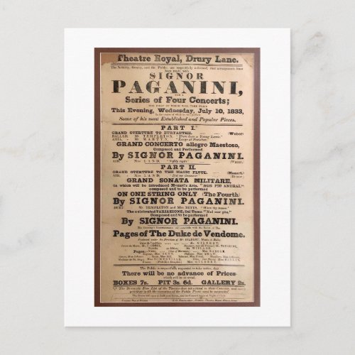 Niccol Paganini concert poster Drury Lane London Postcard