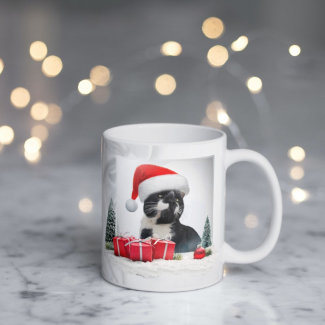 Nice black cat wear santa claus hat christmas Mug