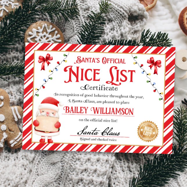 Nice Certificate from Santa Approved Checked Twice Invitation (nice certificate official nice list Santa Claus instant download printable)
