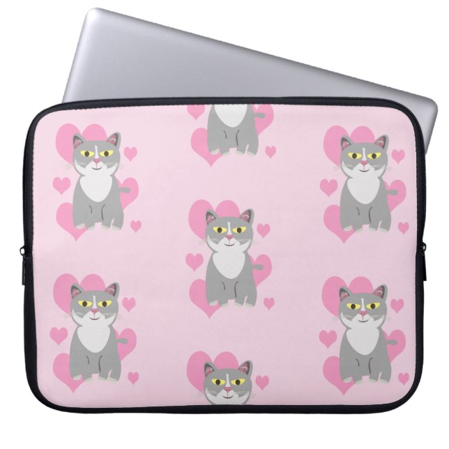 Nice Cute Gray Cat Love Cartoon Pattern Laptop Sleeve (Front)