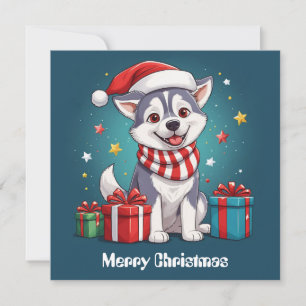Nice Cute Siberian Husky Santa Claus Christmas Dog Holiday Card