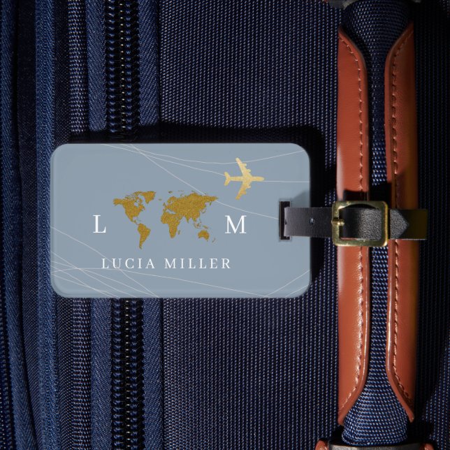 Nice Dusty Blue Travel Luggage Tag With Name (Front Insitu 4)