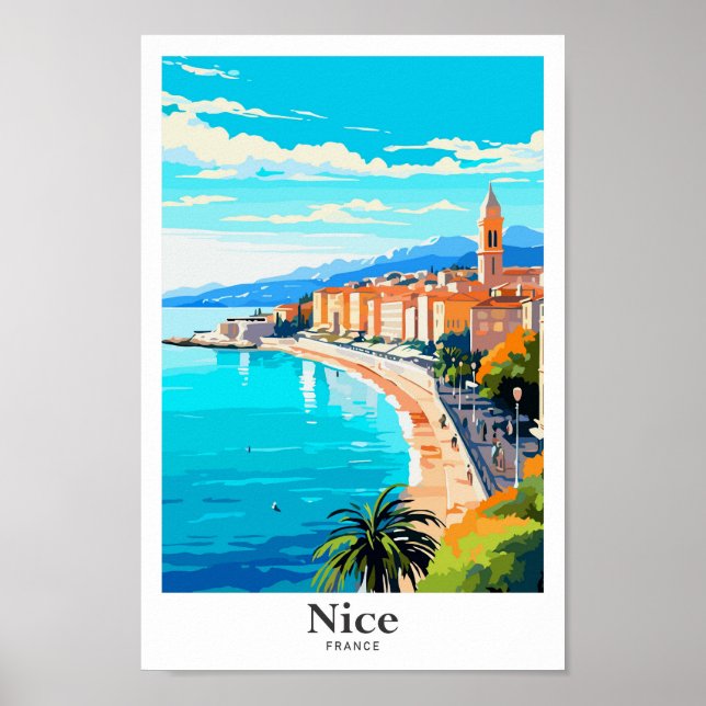 Nice France Travel Art Vintage Illustration Poster (Front)