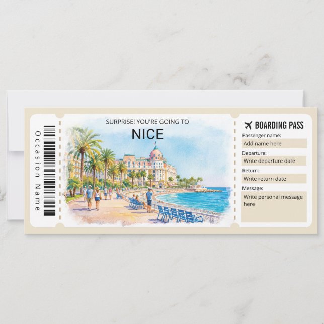 Nice France Trip Boarding Pass Ticket Invitation (Front)