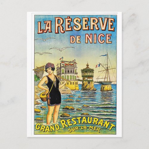 Nice France woman in swimsuit on the beach Postcard