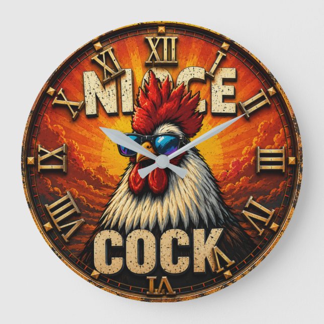 Nice Funny Rooster  Rustic Farmhouse Chicken  Large Clock (Front)