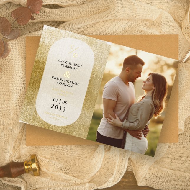 Nice Golden Textured Effect Wedding Initials Photo Foil Invitation (Creator Uploaded)