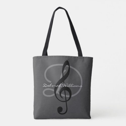 nice gray tote bag with her name  treble clef