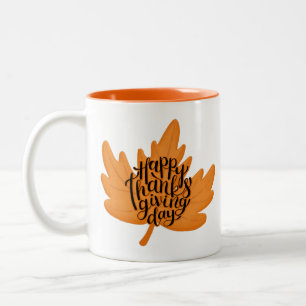 Nice Happy Thanksgiving Typography on Leaf Fall Two-Tone Coffee Mug