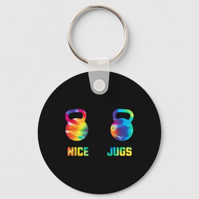 Nice Jugs Funny Kettlebell Breast Gym Humor Tie Dy Keychain (Front)