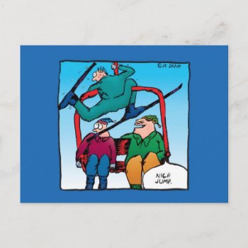 Nice Jump Cartoon Skiers Postcard by BastardCard at Zazzle