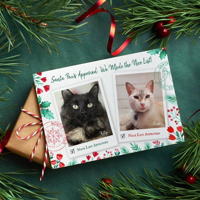 Nice List 2 Cat Photo Christmas Watercolor Holiday Card (Nice List 2 Cat Photo Christmas Holiday Card)