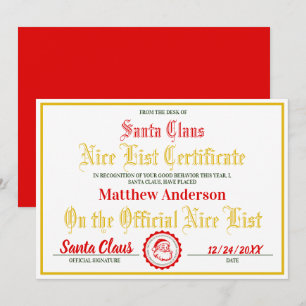 Nice List Certificate for Children Christmas Gift  Holiday Card