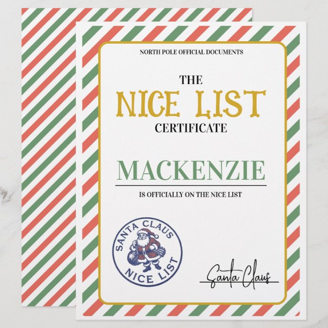 Nice List Certificate Signed by Santa Personalized (Front/Back)