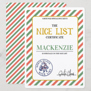 Nice List Certificate Signed by Santa Personalized Holiday Card