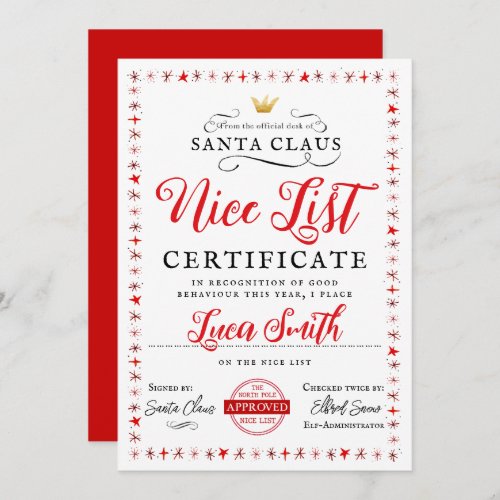 Nice List Christmas Certificate Card