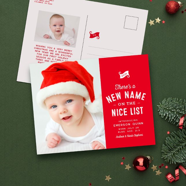 Nice list cute baby's first Christmas red Holiday Postcard (Creator Uploaded)