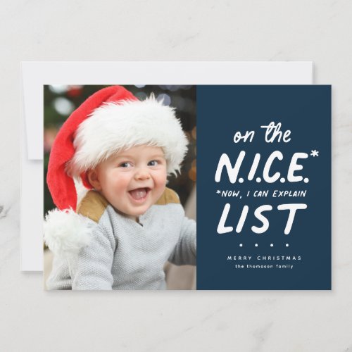 Nice list funny cute one photo navy Christmas Holiday Card