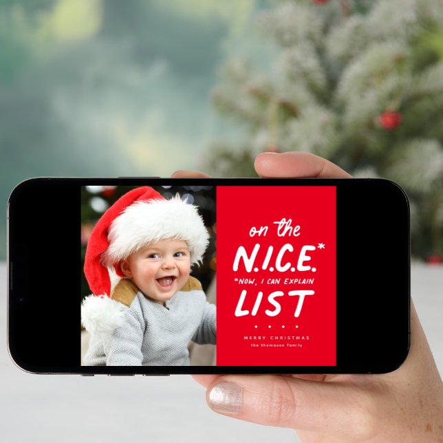 Nice list funny cute one photo red Christmas Holiday Card (Front Digital)