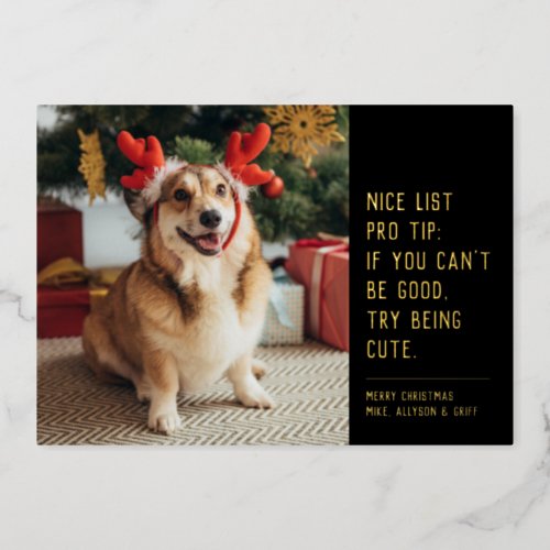 Nice list funny pet black gold Christmas photo Foil Holiday Card