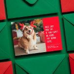 Nice list funny pet Christmas photo Holiday Card<br><div class="desc">A cute and clever holiday card design to send Christmas cheer. This one-photo design with white text on red is perfect for dogs, cats or anyone else trying to get on the nice list. The wording reads "Nice list pro tip: if you can't be good, try being cute." Makes a...</div>