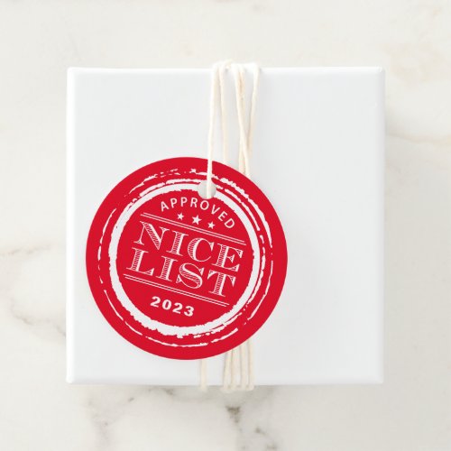 NICE LIST funny Santa approved stamp red Favor Tags