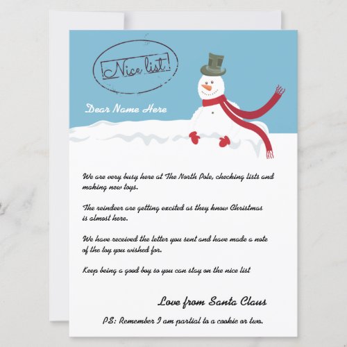 Nice List Snowman Letter From Santa Personalized Holiday Card