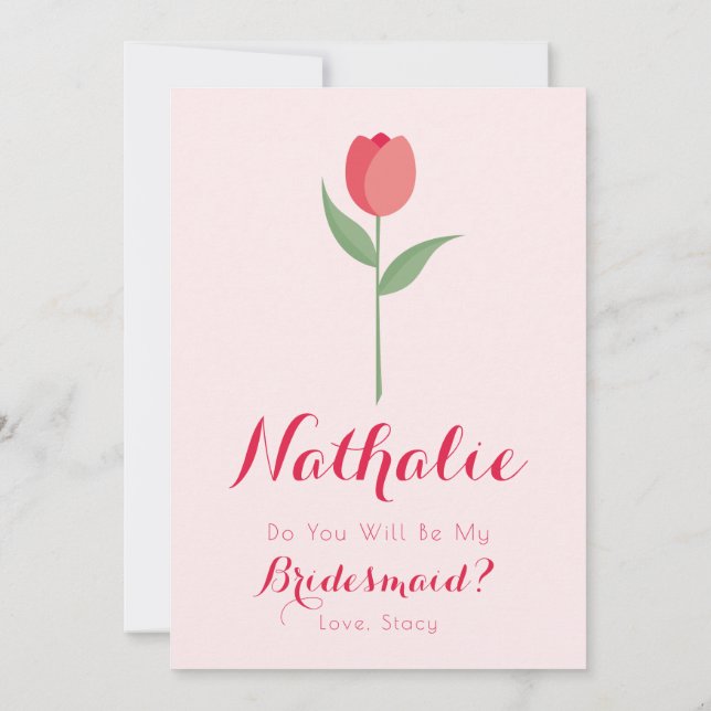 Nice Minimalist Pink Tulip Bridesmaid Proposal Invitation (Back)