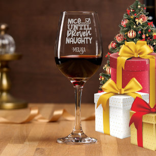 Nice & Naughty Add Name Etched Christmas Gift Wine Glass