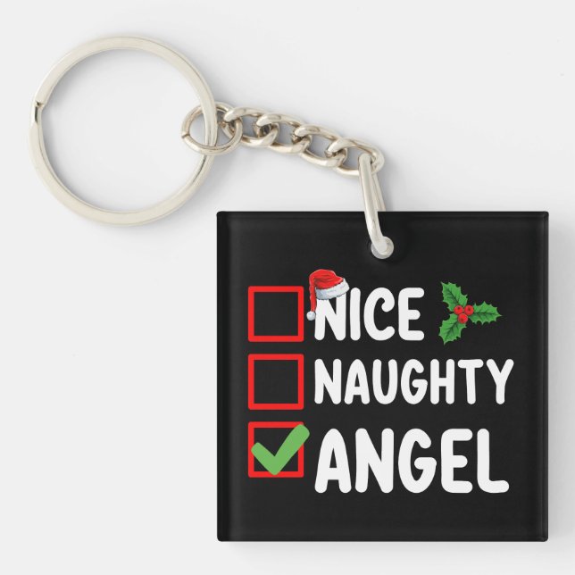 Nice Naughty Angel Christmas List Holiday Family Keychain (Front)