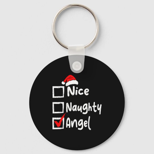Nice Naughty Angel Funny Christmas List Family Mat Keychain (Front)
