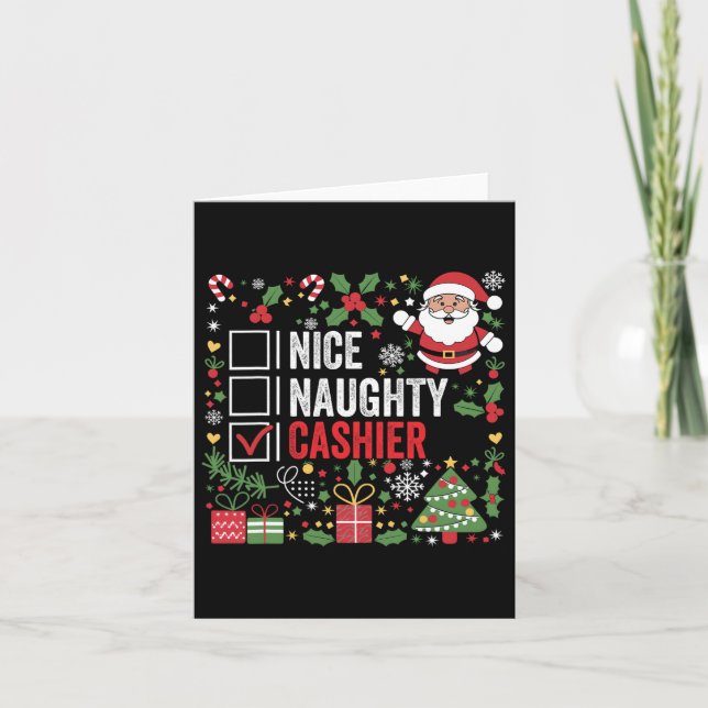 Nice Naughty Cashier Funny Christmas Santa Claus  Card (Front)