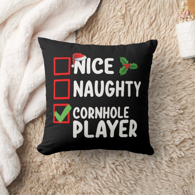 Nice Naughty Cornhole Player Christmas List Throw Pillow (Blanket)