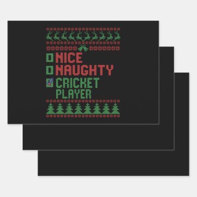 Nice Naughty Cricket Player Funny Christmas Gift Wrapping Paper Sheets