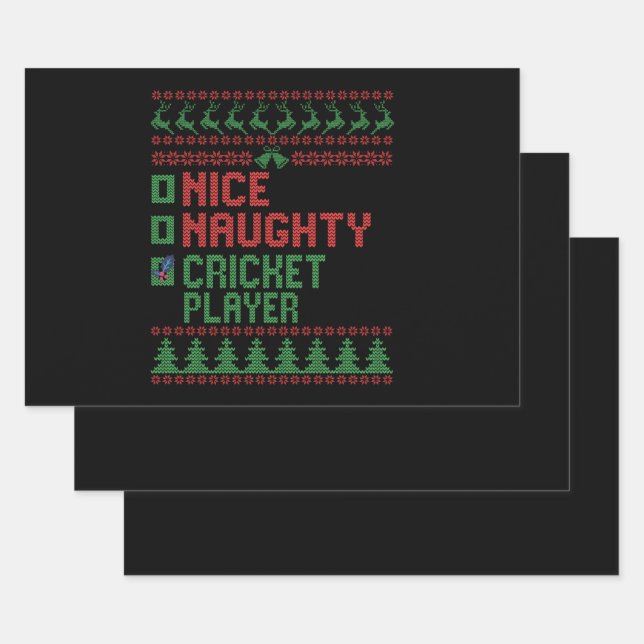 Nice Naughty Cricket Player Funny Christmas Gift Wrapping Paper Sheets (Set)