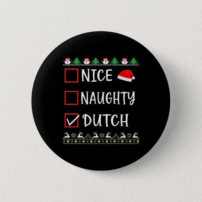 Nice Naughty Dutch Fun Ugly Christmas List Pajamas Button (Front)