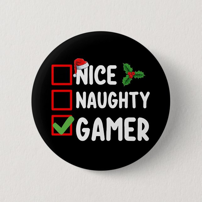 Nice Naughty Gamer Christmas List Gaming Santa Button (Front)