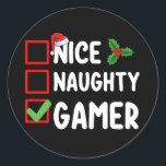 Nice Naughty Gamer Christmas List Gaming Santa Classic Round Sticker<br><div class="desc">Nice Naughty Gamer Christmas List Gaming Santa</div>