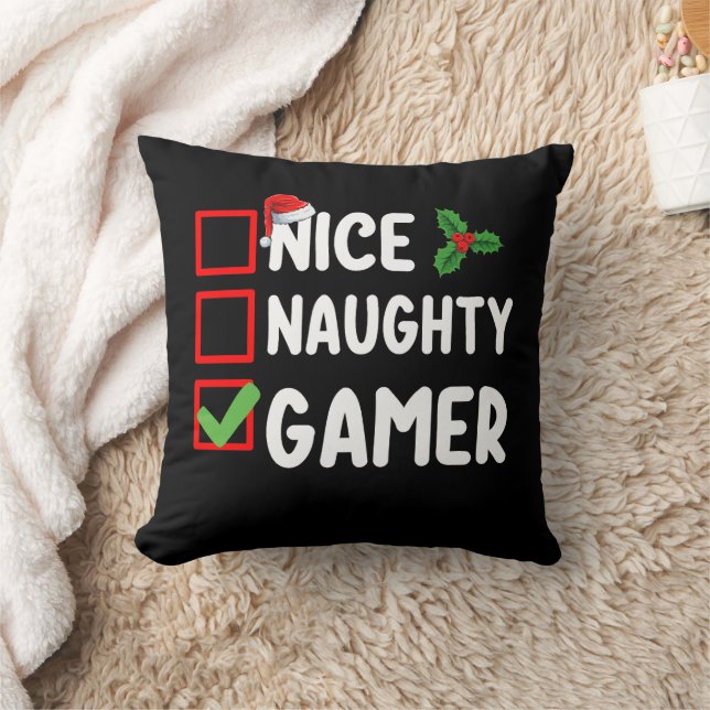 Nice Naughty Gamer Christmas List Gaming Santa Throw Pillow (Blanket)