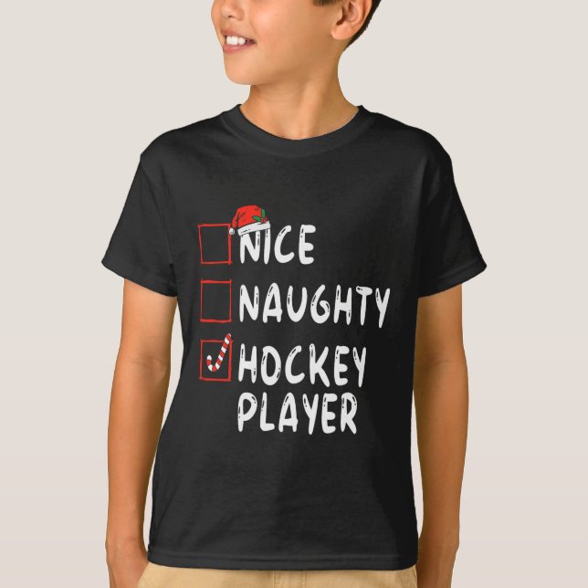 Nice Naughty Hockey Player Christmas Santa Hat Boy T-Shirt (Front)
