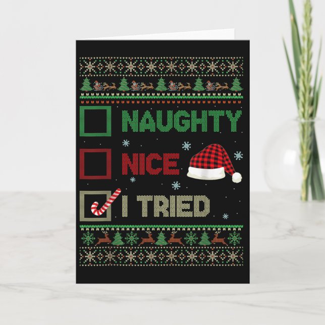 Nice Naughty I Tried Ugly Sweater Red Plaid Christ Card (Front)